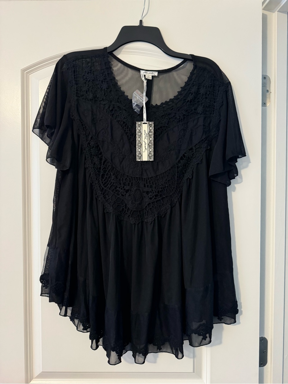Ultra Pink Black Crochet Yoke Flutter Sleeve Tunic Top